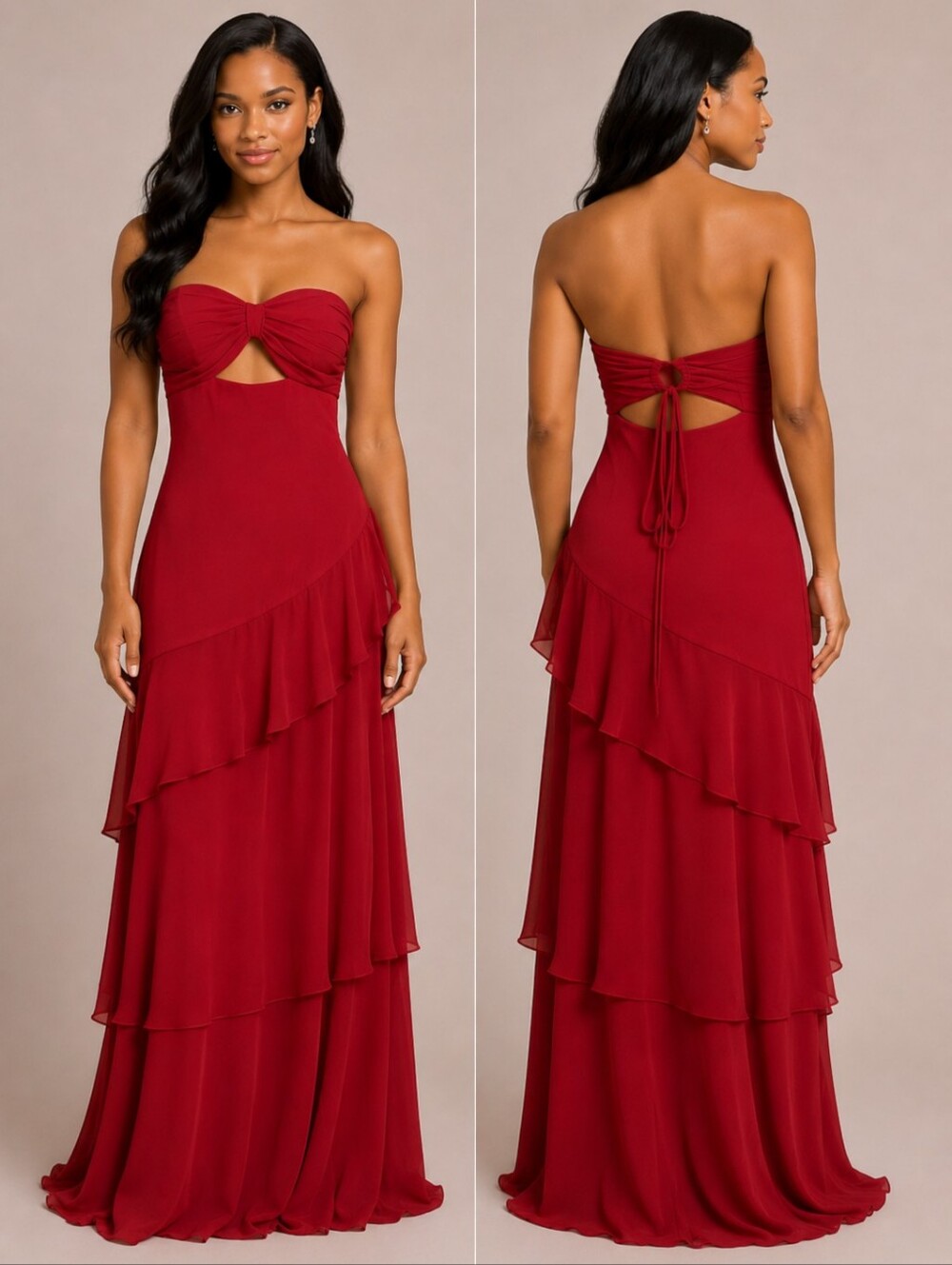 Strapless Red Ruffle-Tier Maxi Dress